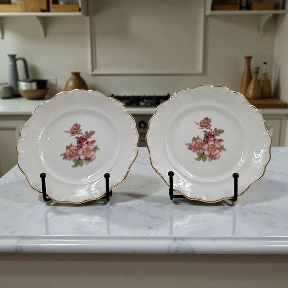 2 Schumann Arzberg Briar Rose Bread Plates 6" Bavaria Germany Gold Trim 1950s - Picture 1 of 10